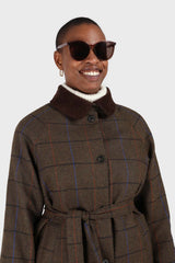 Khaki orange and cobalt box check corduroy collar wool-blend coat