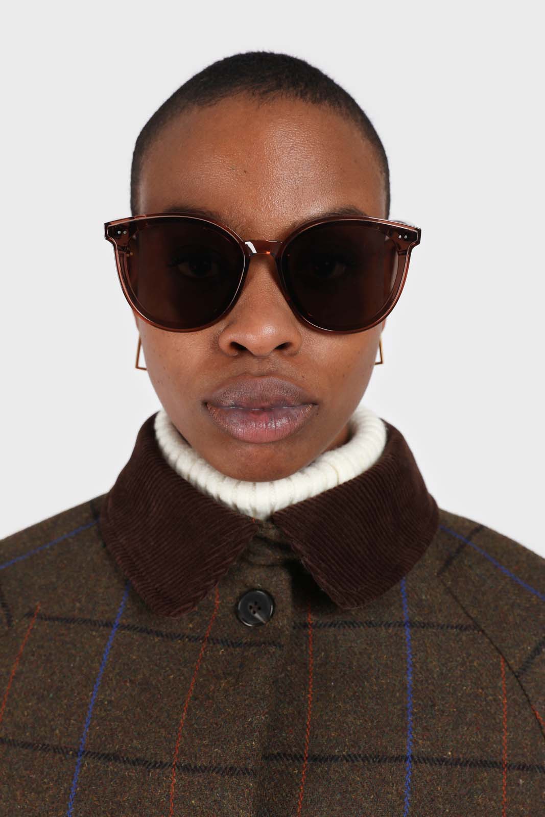Khaki orange and cobalt box check corduroy collar wool-blend coat