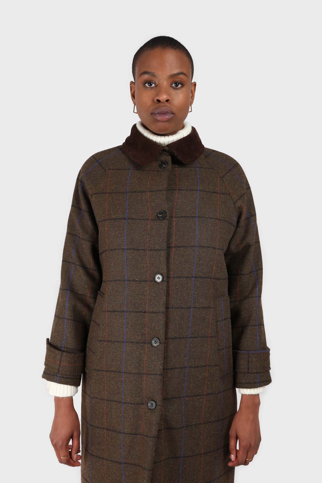 Khaki orange and cobalt box check corduroy collar wool-blend coat