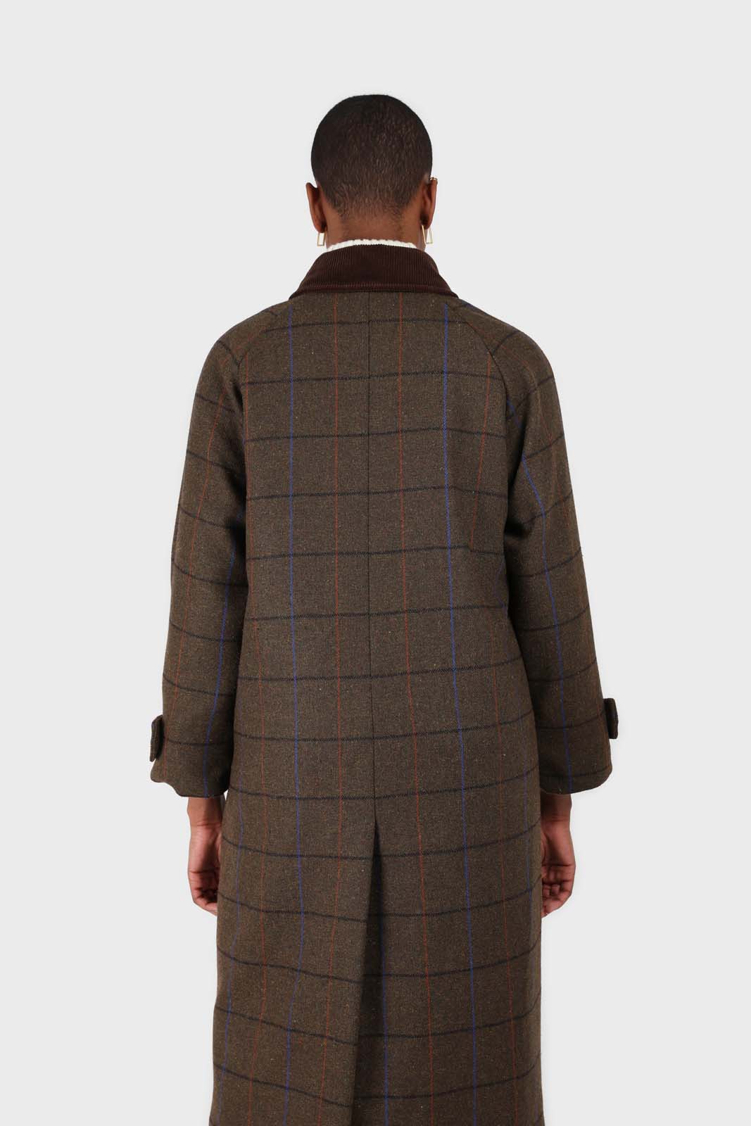 Khaki orange and cobalt box check corduroy collar wool-blend coat