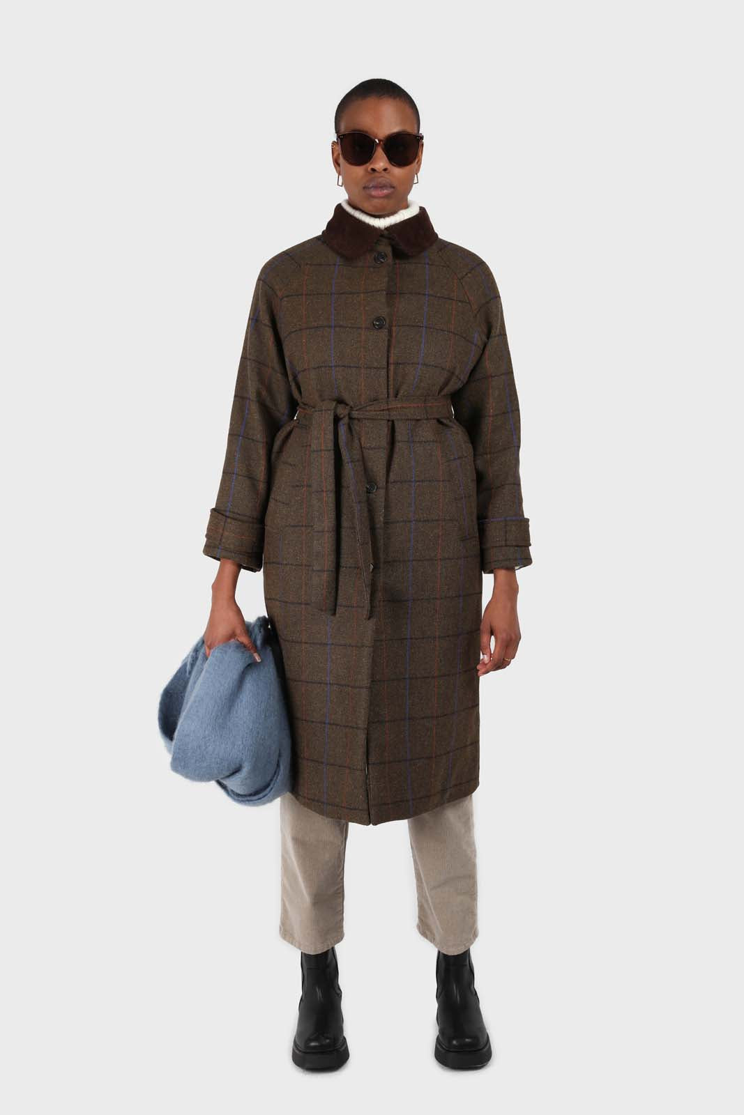 Khaki orange and cobalt box check corduroy collar wool-blend coat
