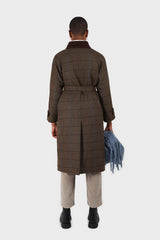 Khaki orange and cobalt box check corduroy collar wool-blend coat