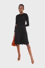 Black long sleeved ruched tie midi dress