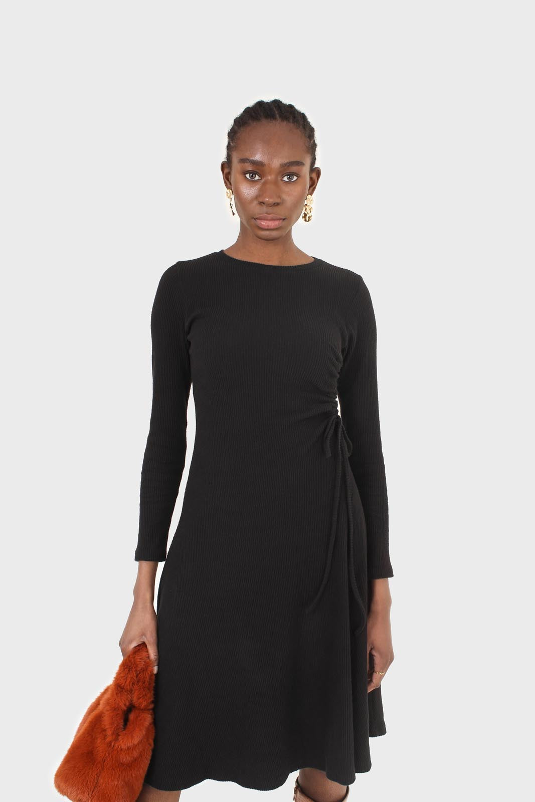 Black long sleeved ruched tie midi dress