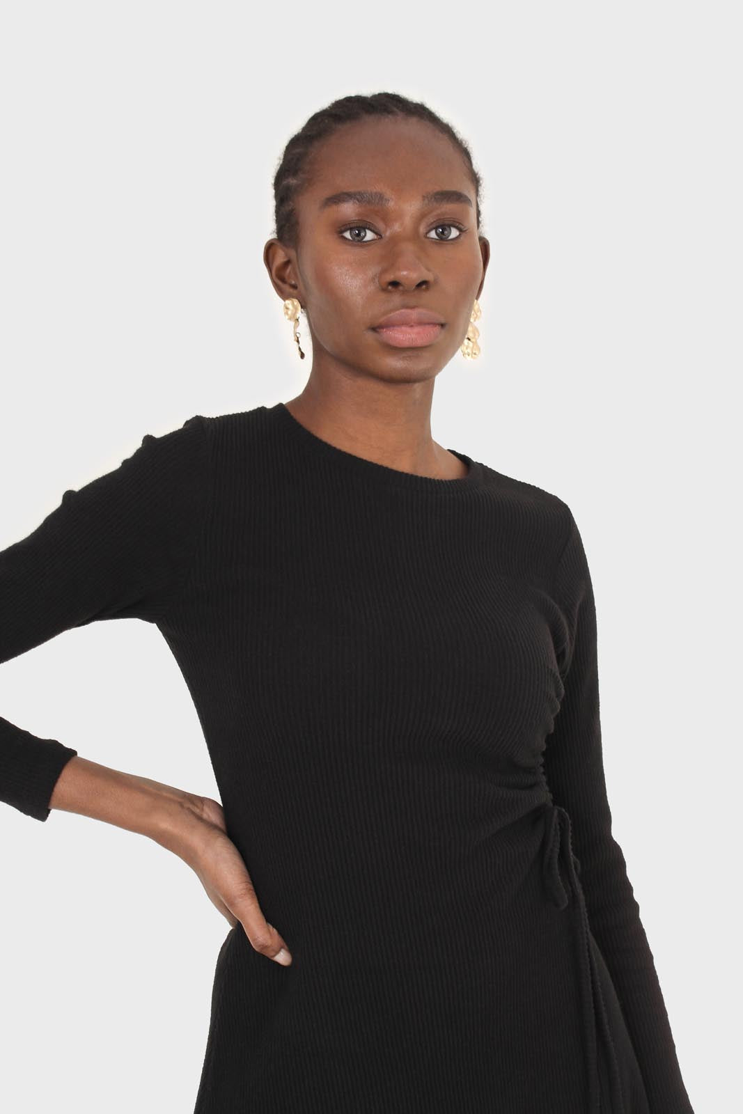 Black long sleeved ruched tie midi dress