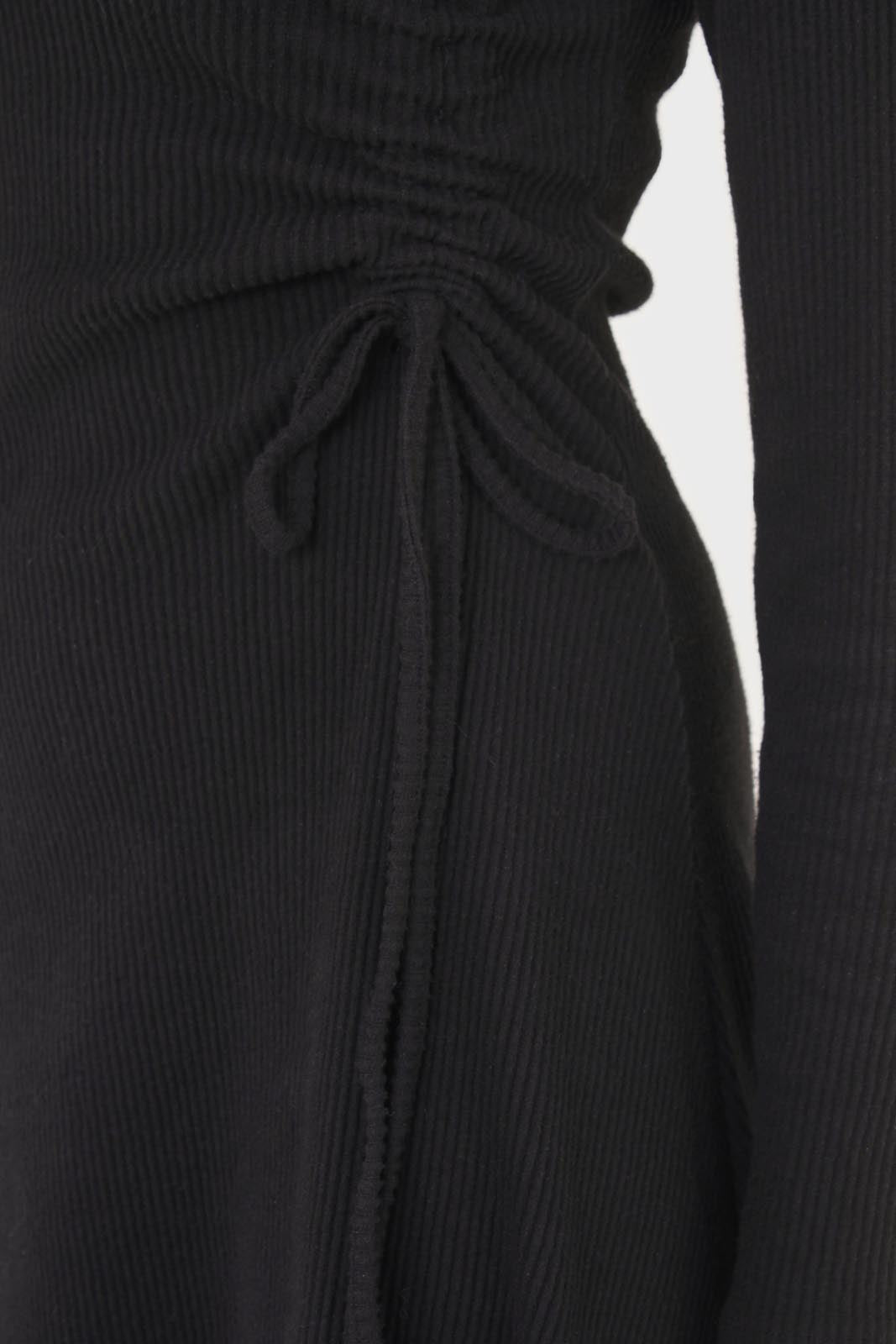 Black long sleeved ruched tie midi dress