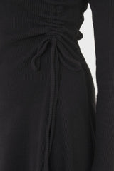 Black long sleeved ruched tie midi dress