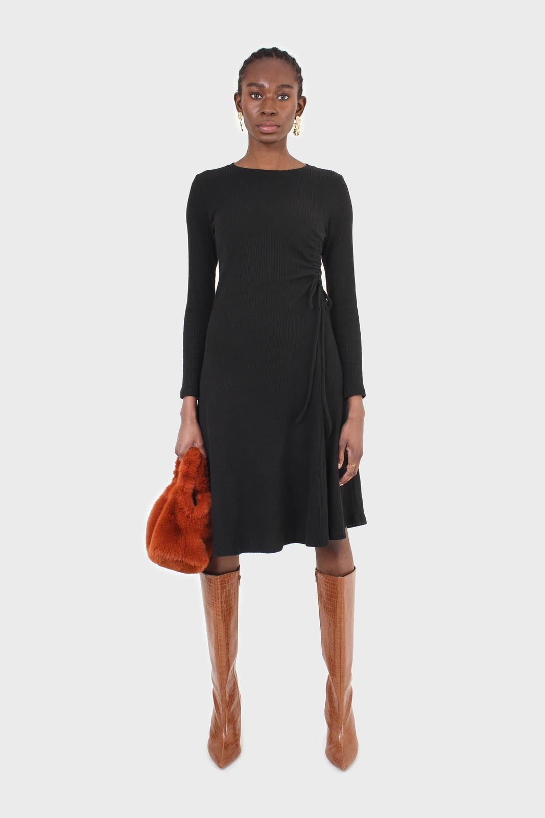 Black long sleeved ruched tie midi dress