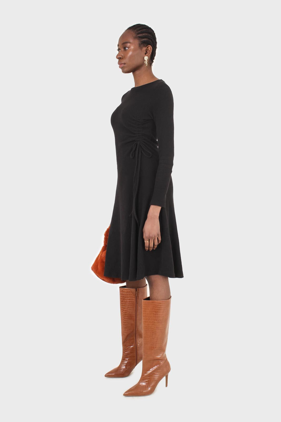 Black long sleeved ruched tie midi dress