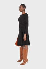 Black long sleeved ruched tie midi dress