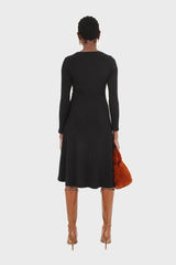 Black long sleeved ruched tie midi dress