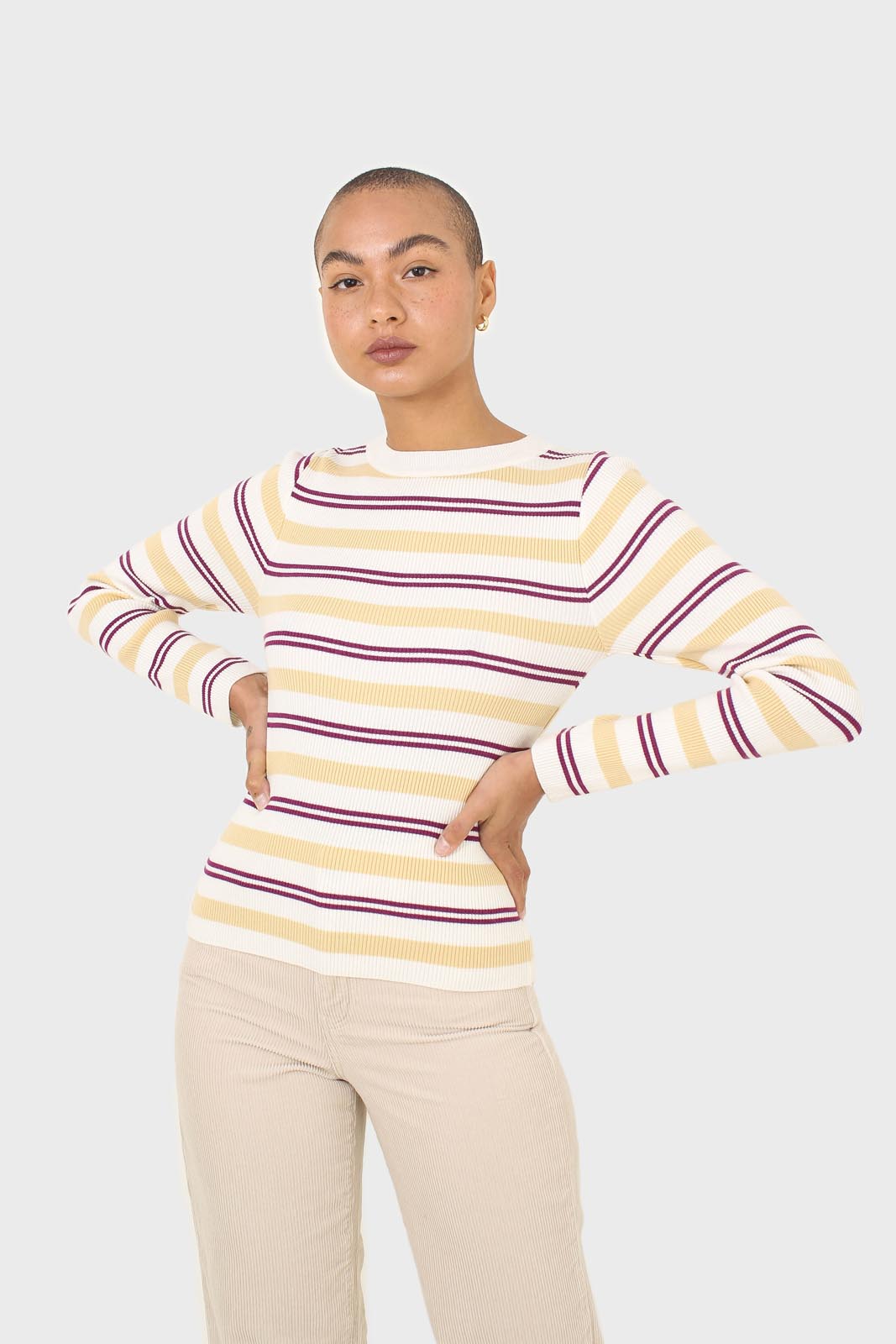 Ivory purple and yellow multistripe knit top