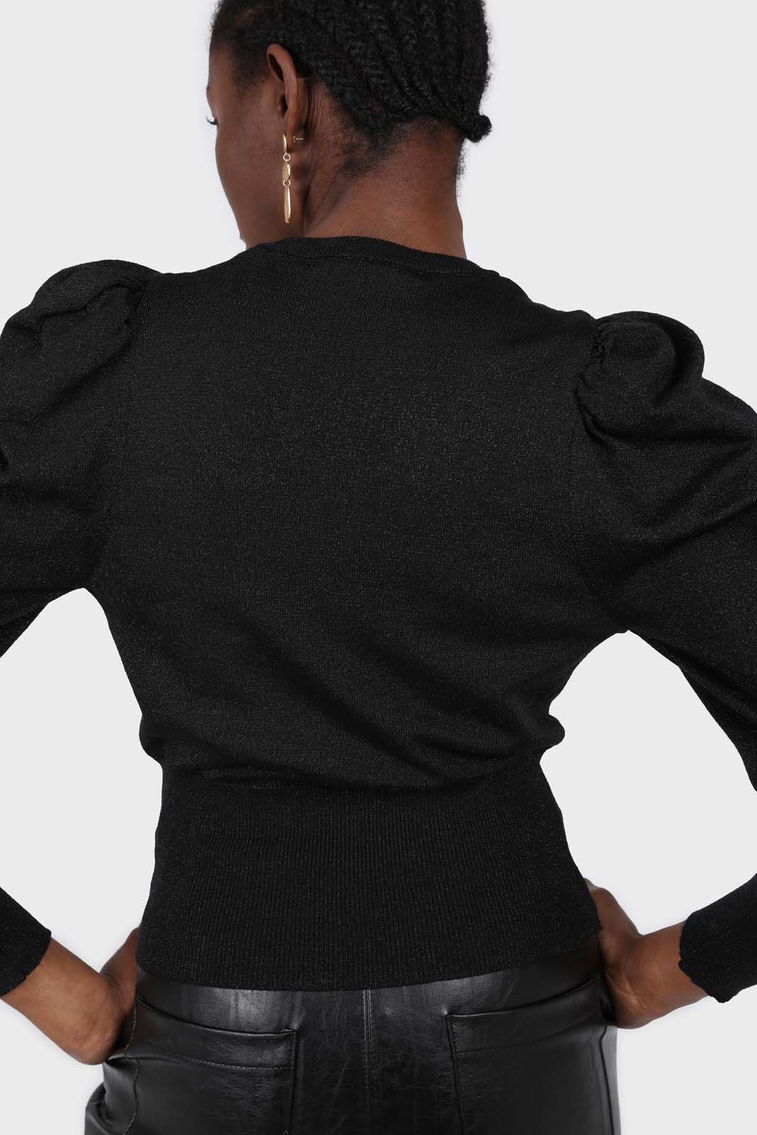 Black glitter balloon sleeve knit top