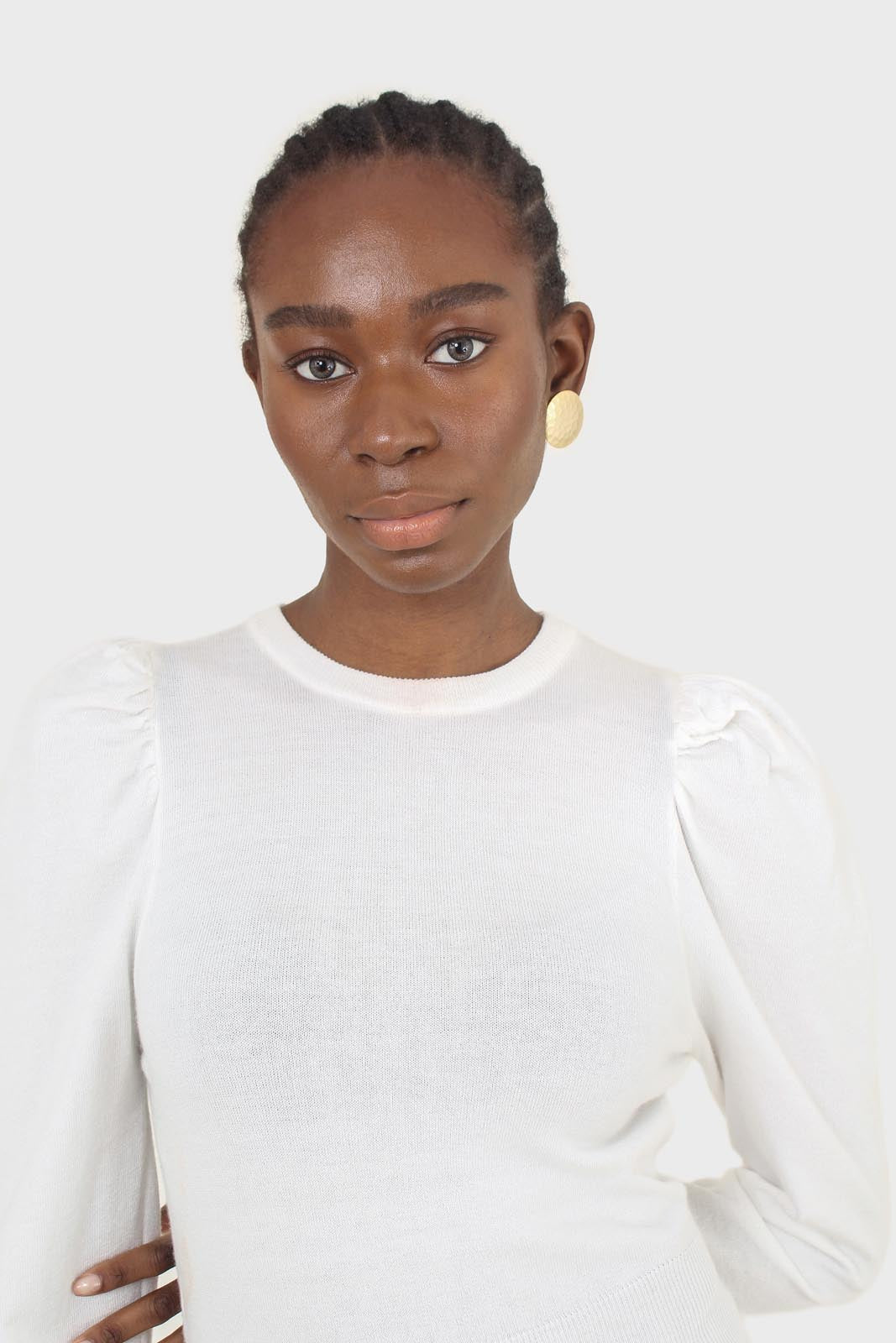 White glitter balloon sleeve knit top