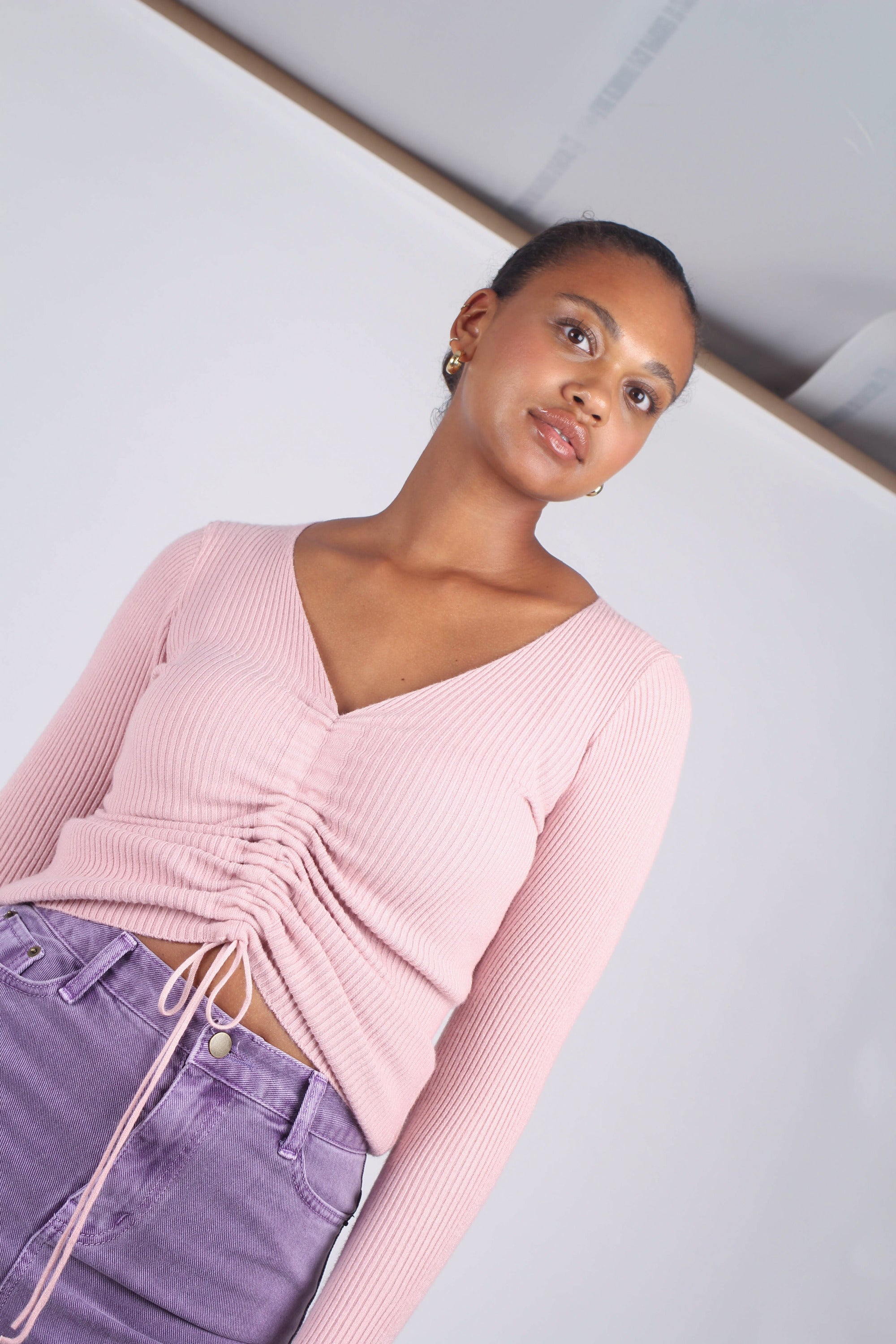 Pink pull front ribbed knit top