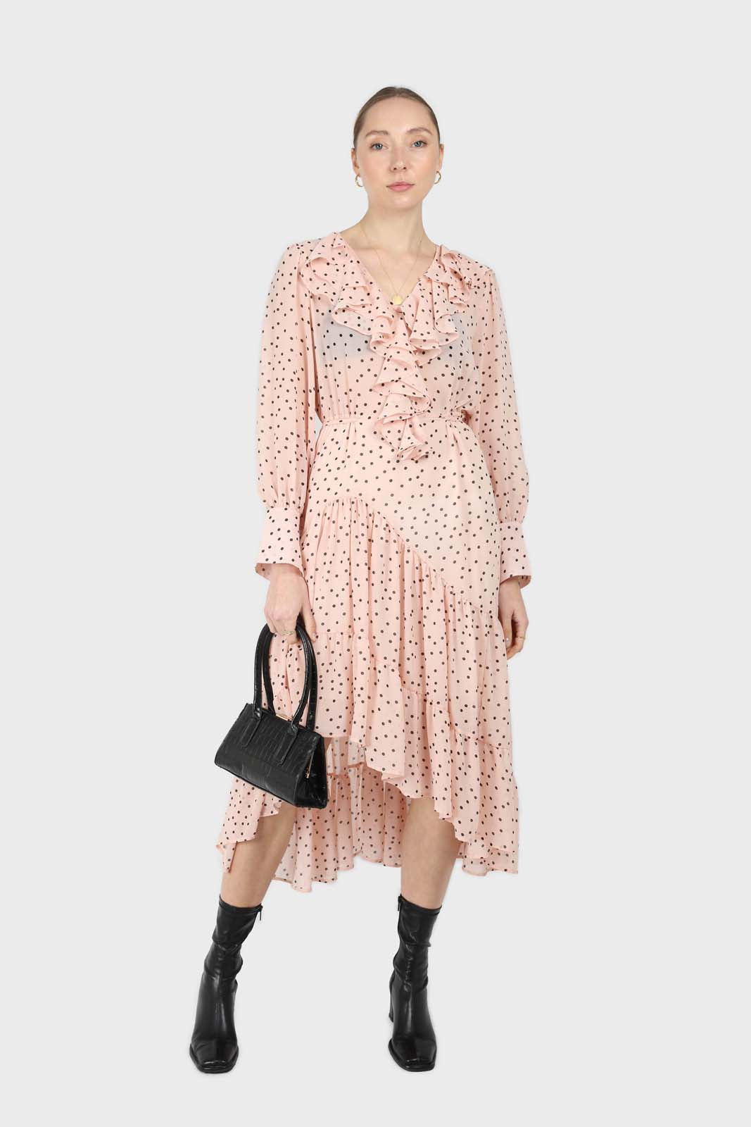 Pink and black polka dot long sleeved maxi dress