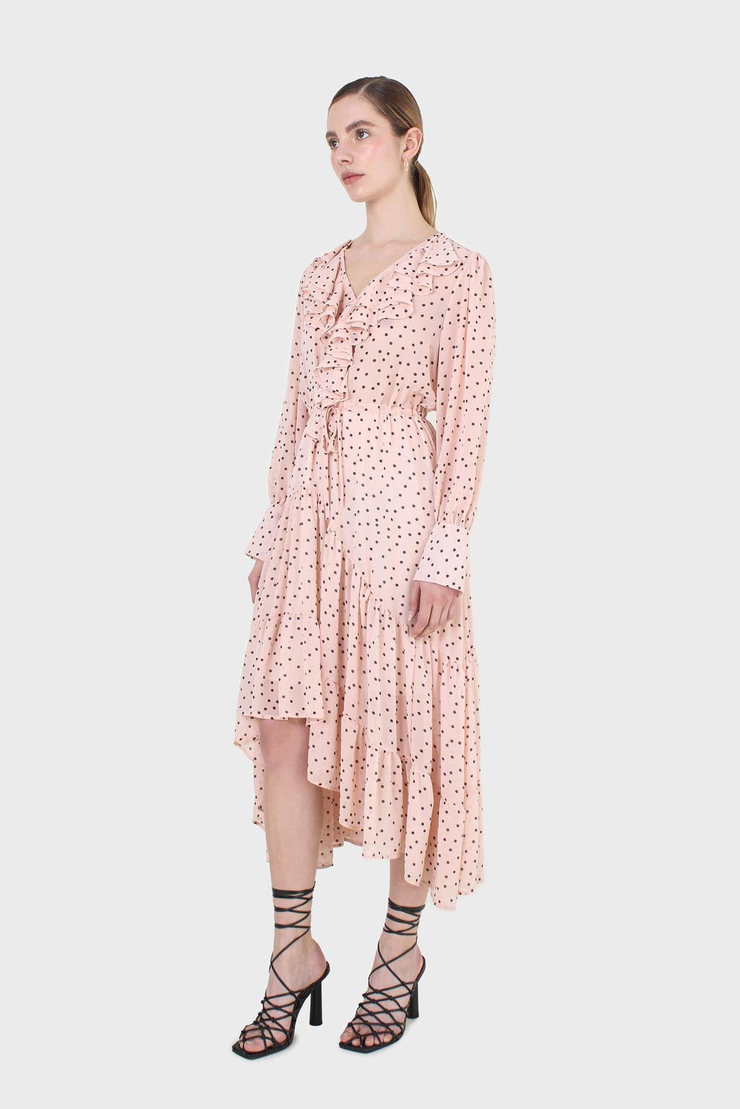 Pink and black polka dot long sleeved maxi dress