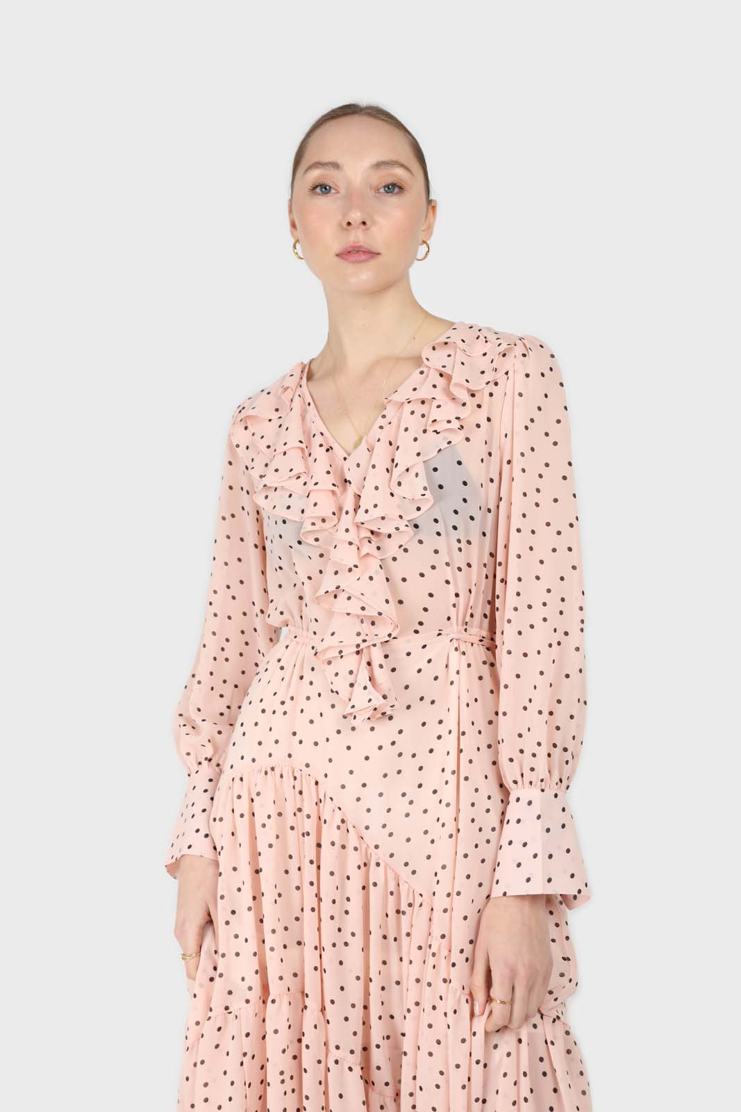 Pink and black polka dot long sleeved maxi dress