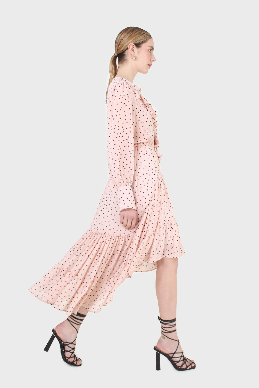 Pink and black polka dot long sleeved maxi dress