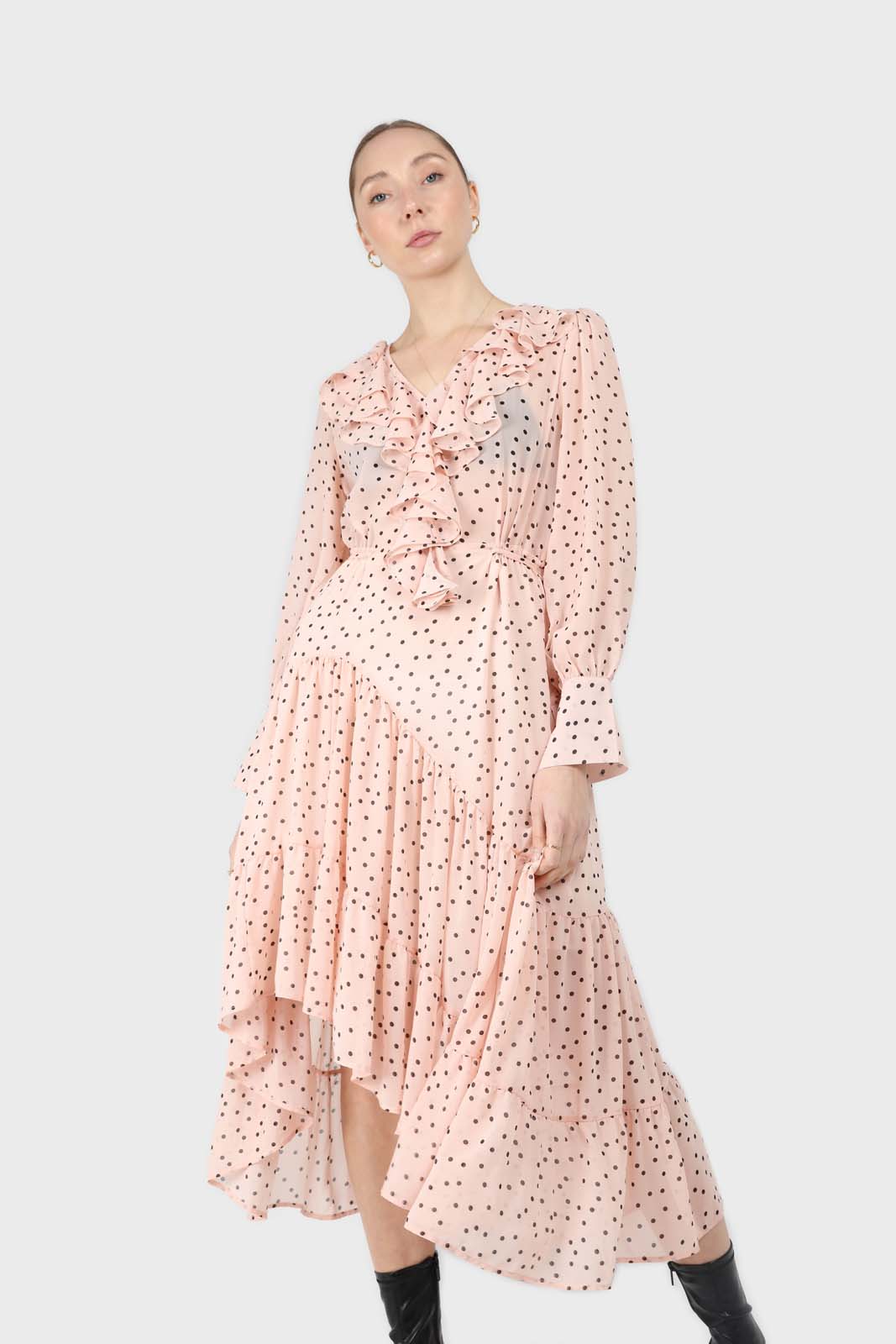 Pink and black polka dot long sleeved maxi dress