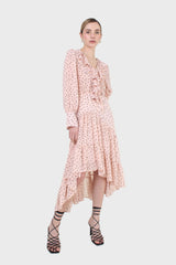 Pink and black polka dot long sleeved maxi dress