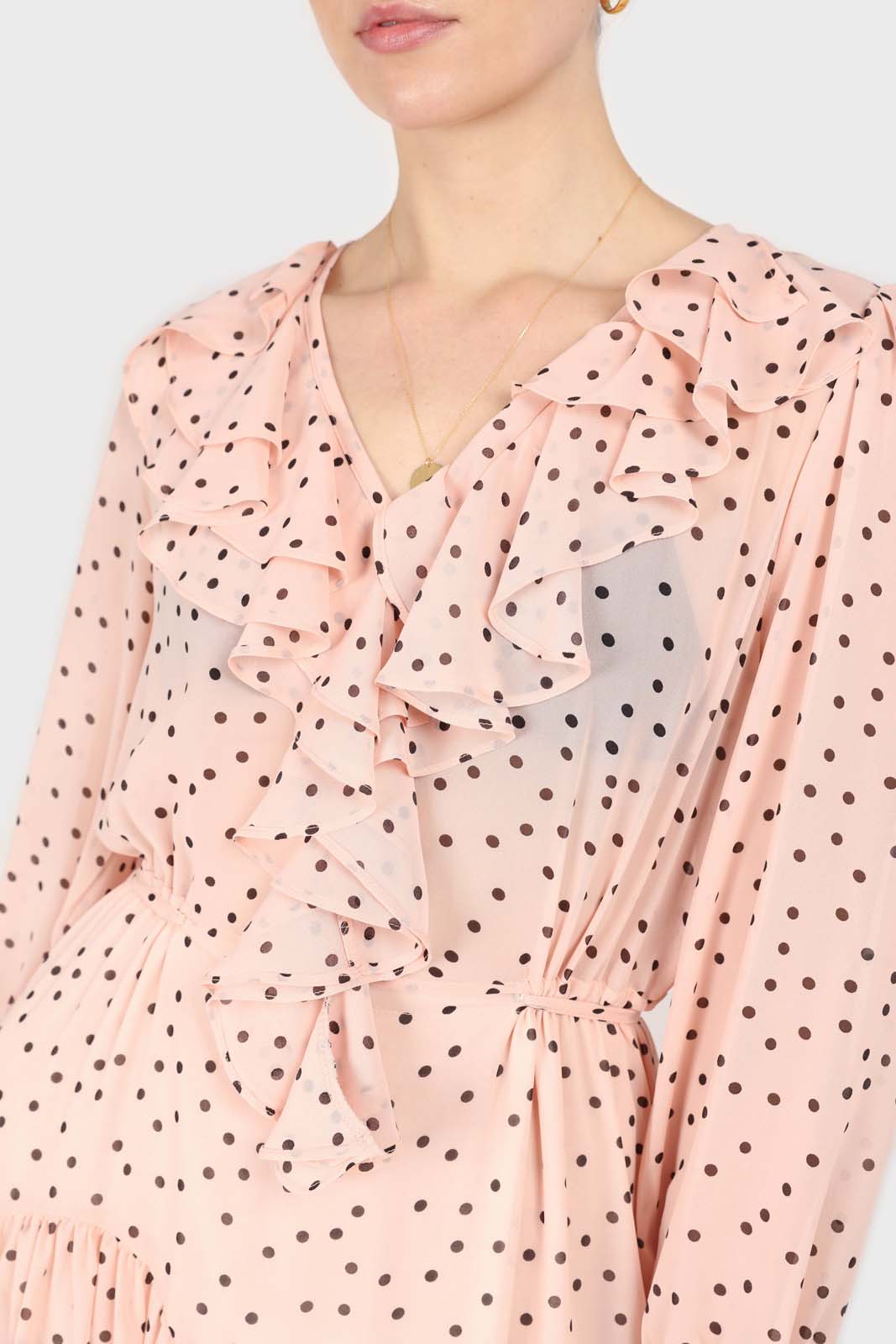 Pink and black polka dot long sleeved maxi dress