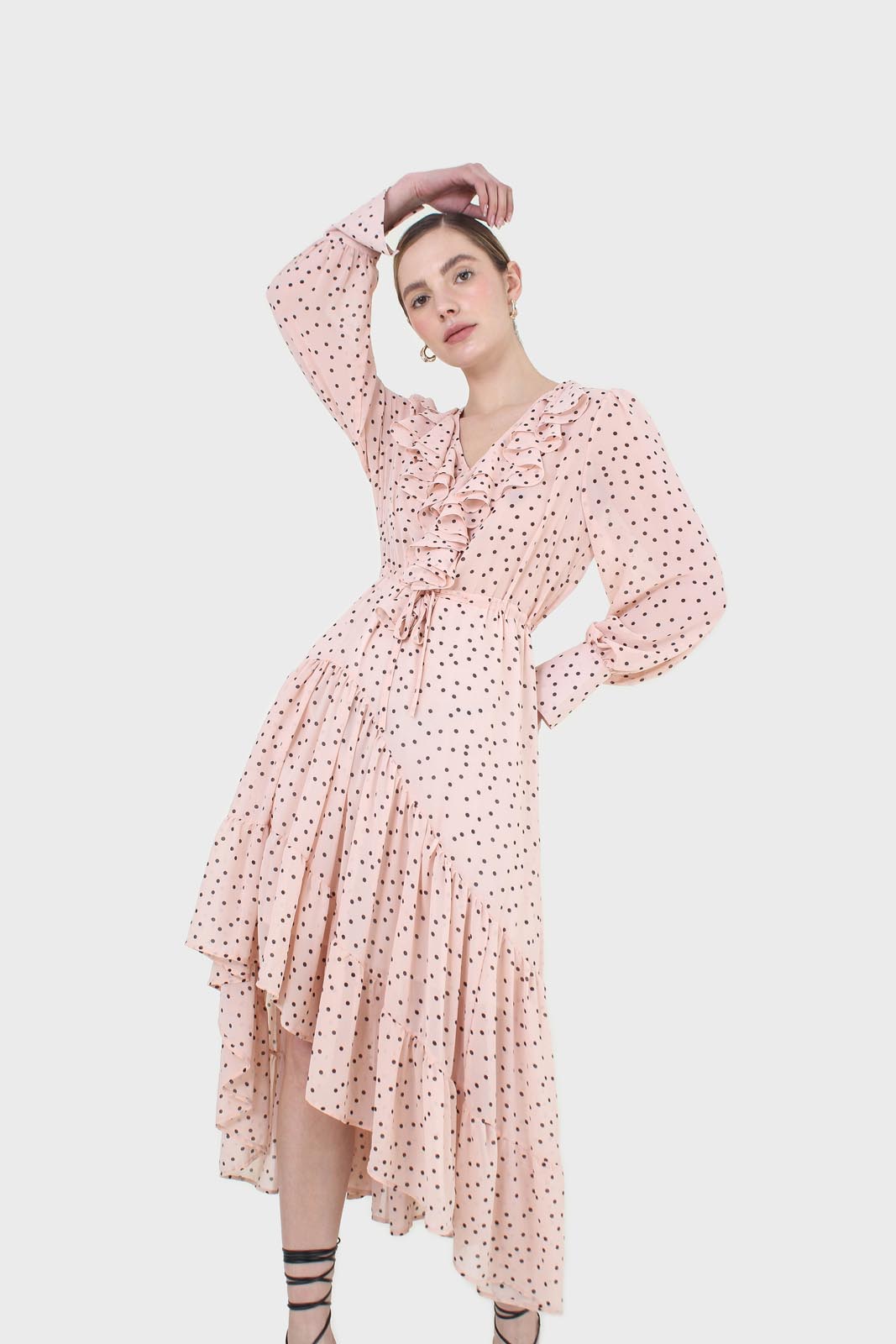 Pink and black polka dot long sleeved maxi dress
