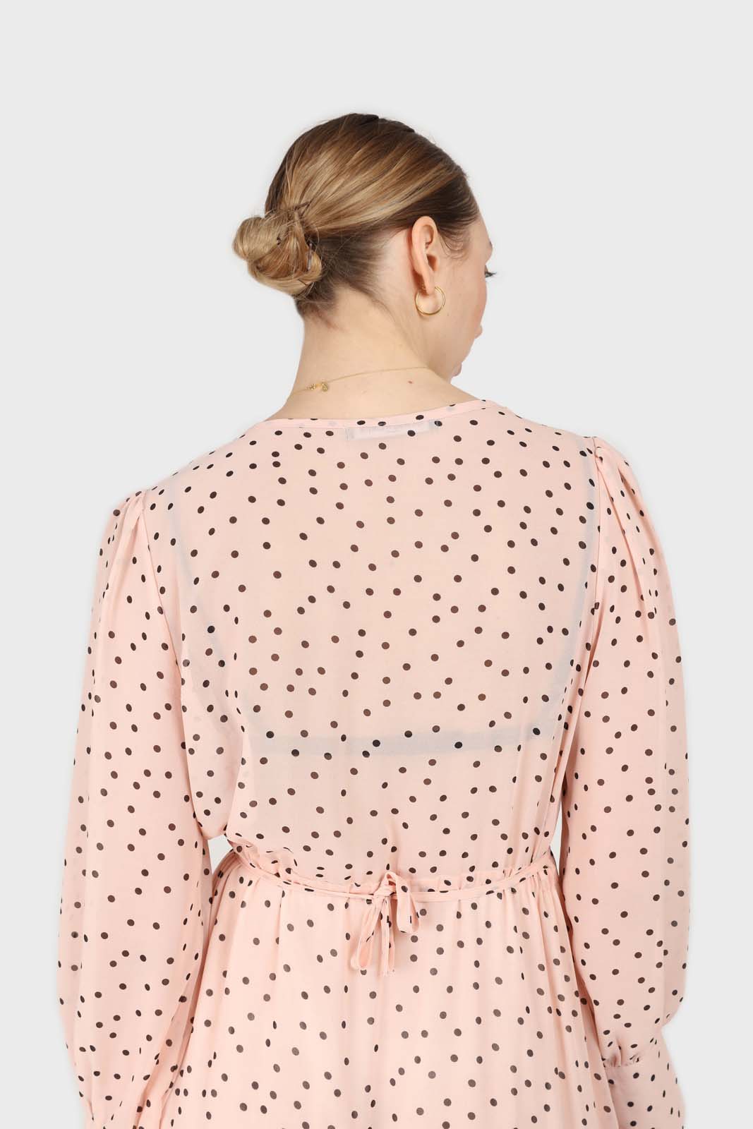 Pink and black polka dot long sleeved maxi dress