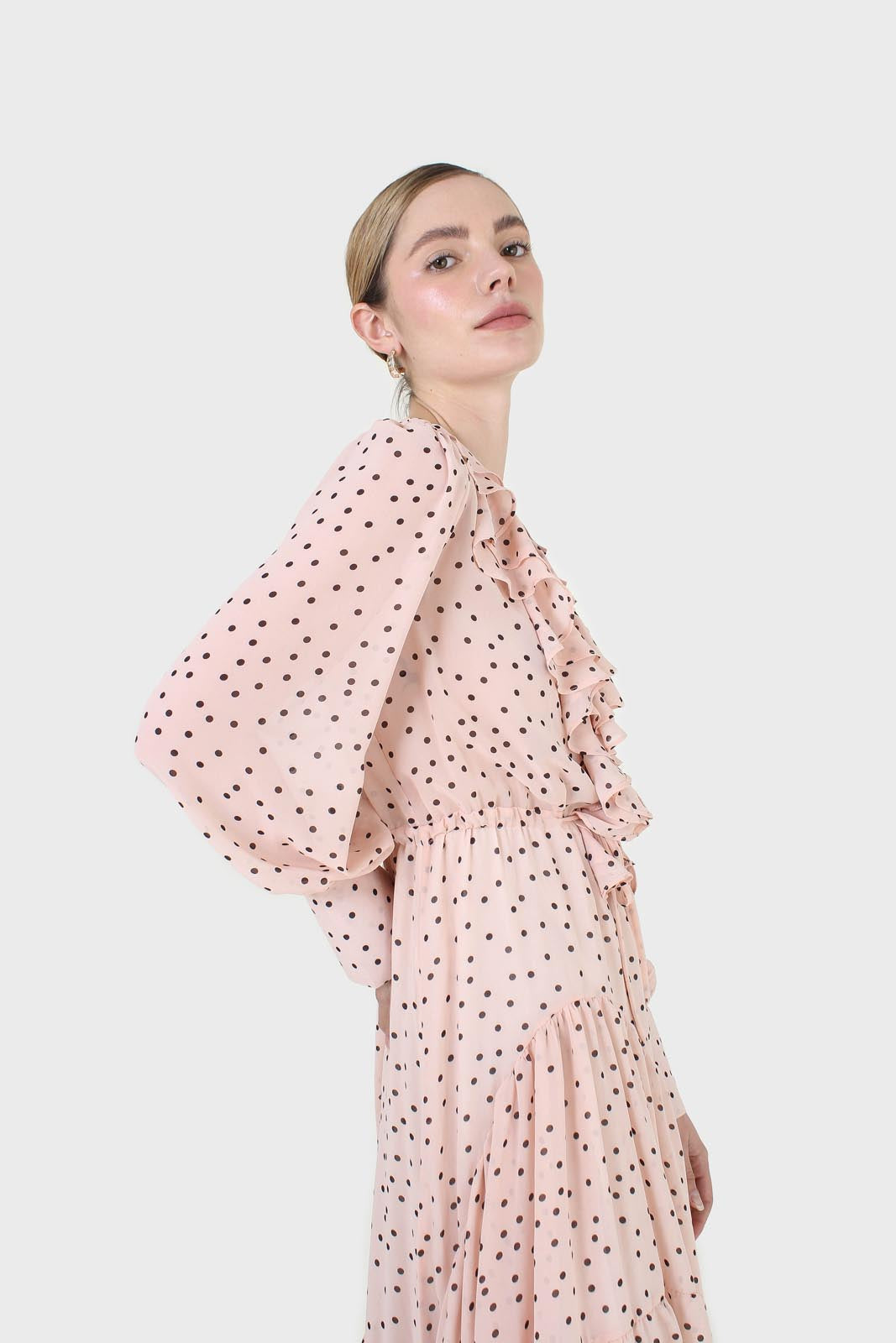 Pink and black polka dot long sleeved maxi dress