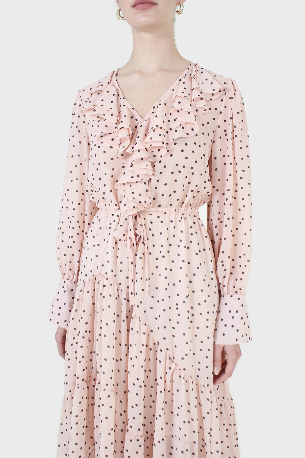 Pink and black polka dot long sleeved maxi dress