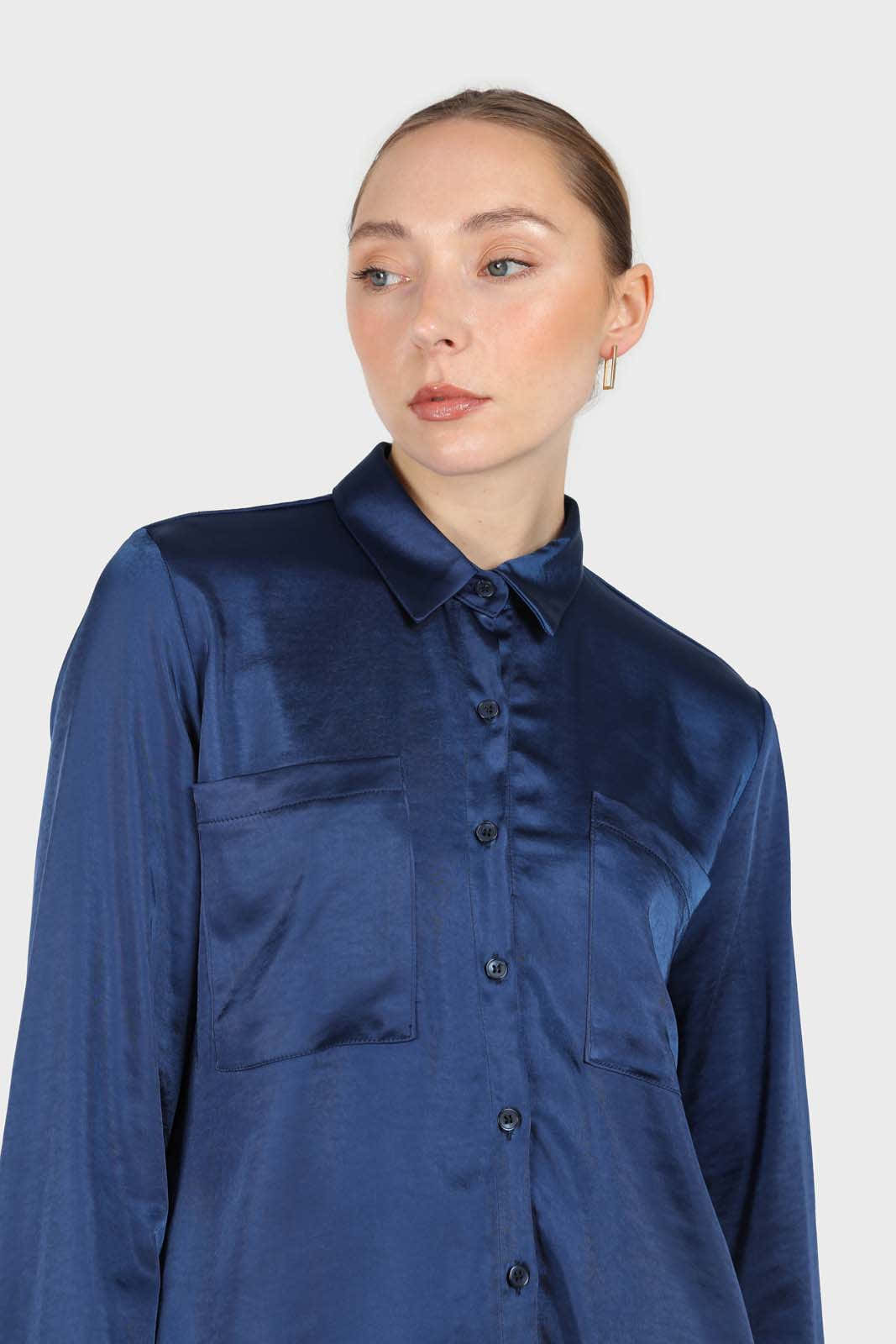 Navy satin chest pocket silky shirt