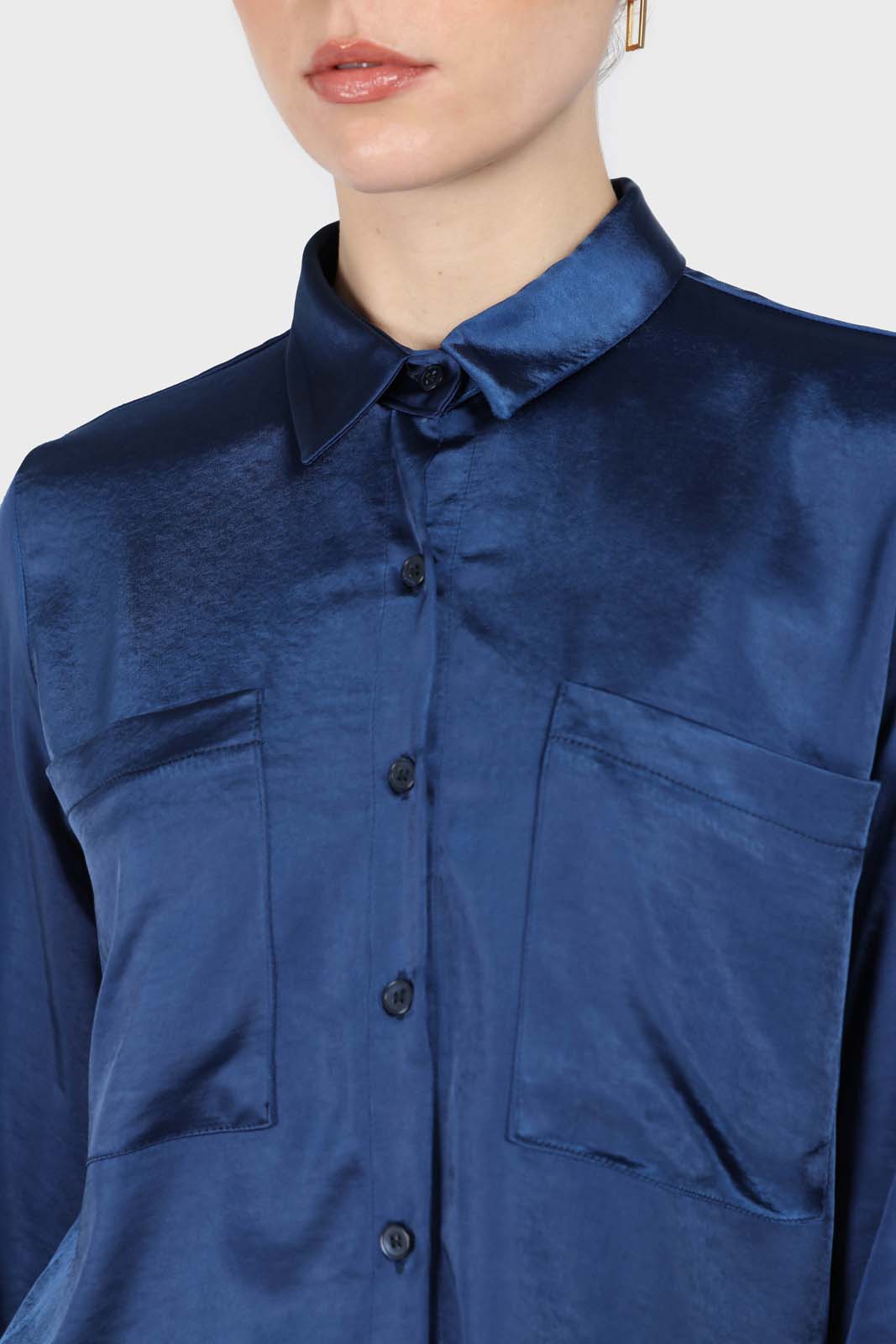 Navy satin chest pocket silky shirt