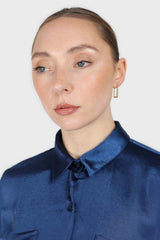 Navy satin chest pocket silky shirt