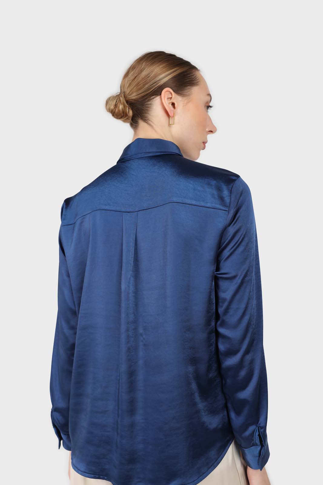 Navy satin chest pocket silky shirt
