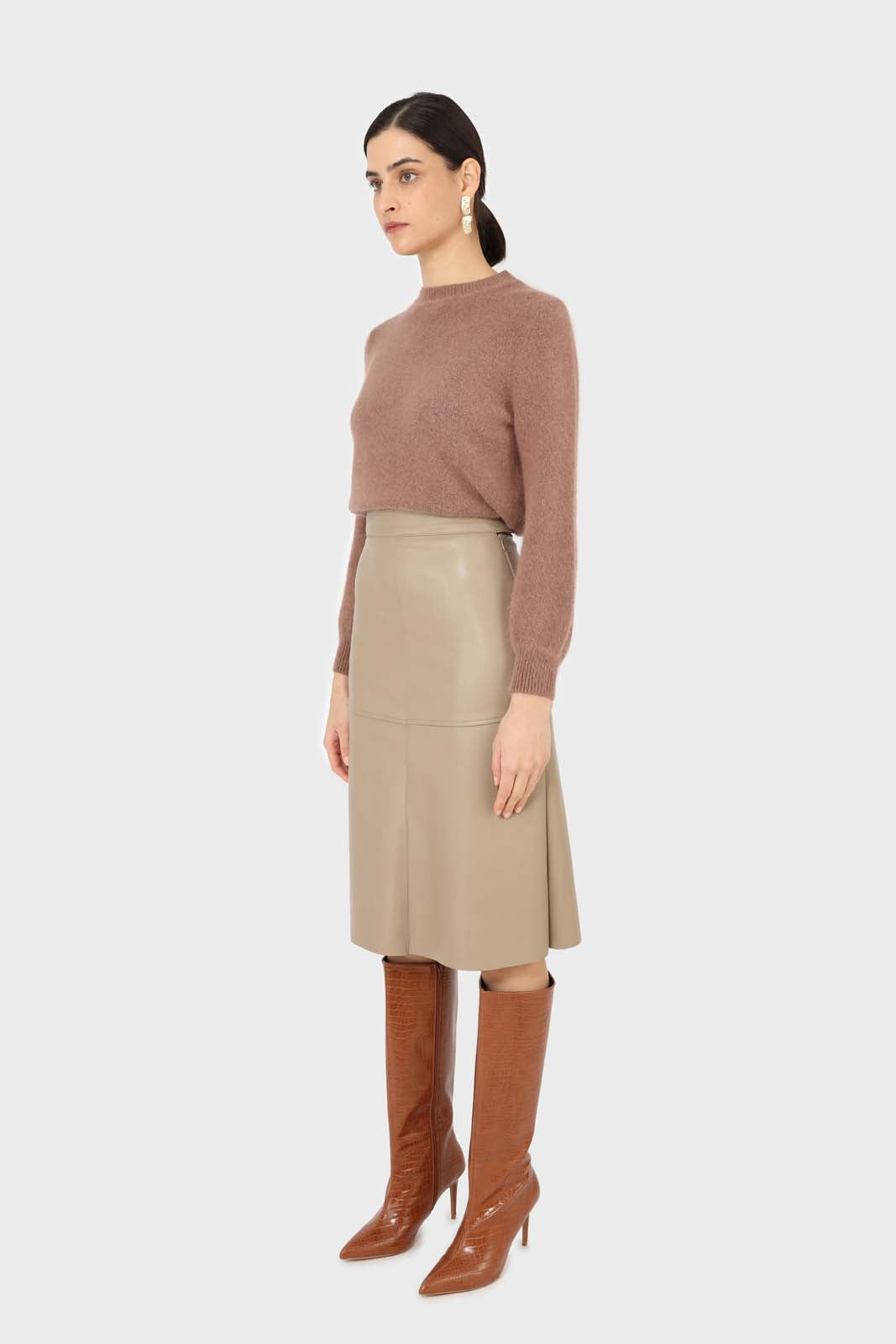 Beige vegan leather panelled midi skirt