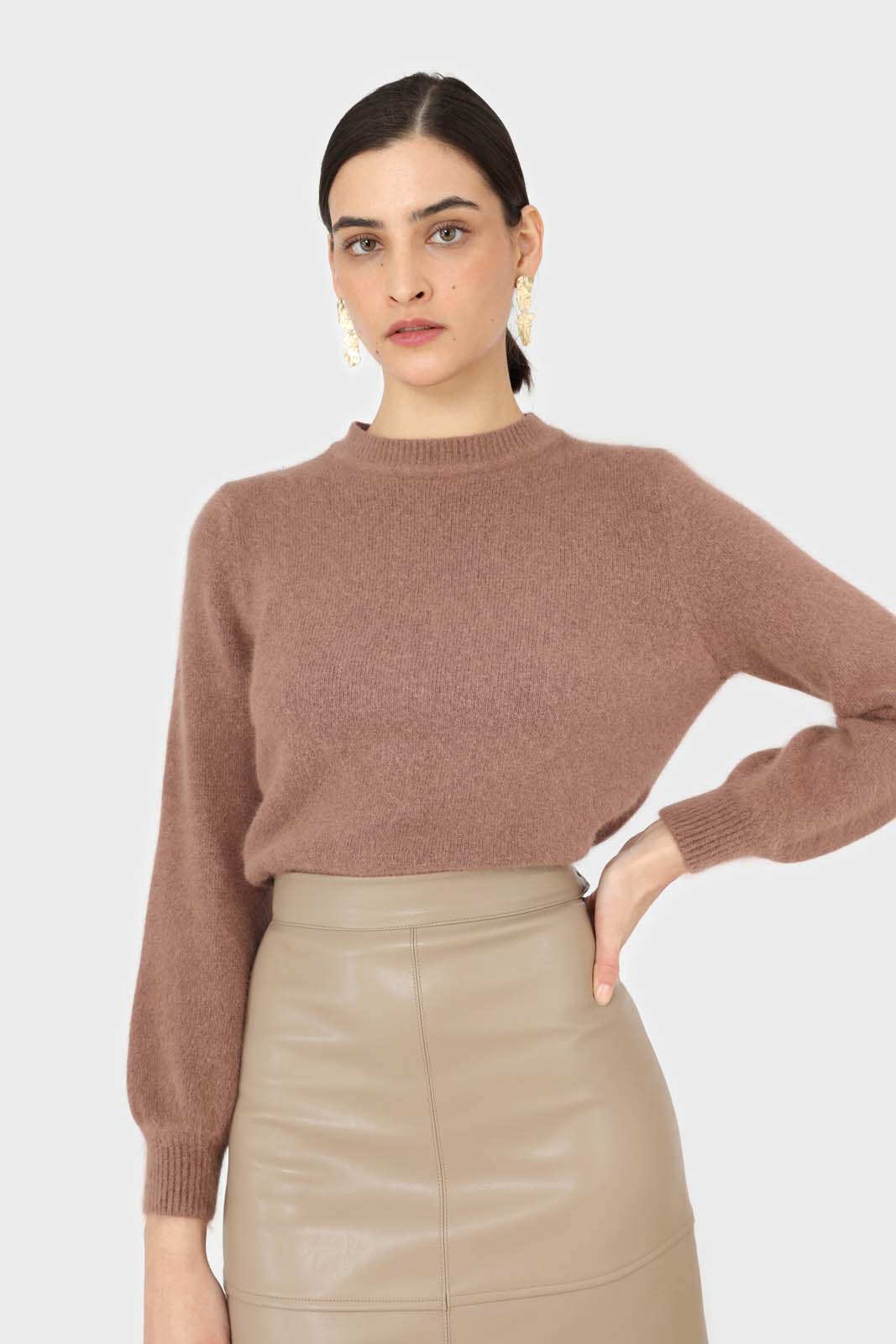 Beige vegan leather panelled midi skirt