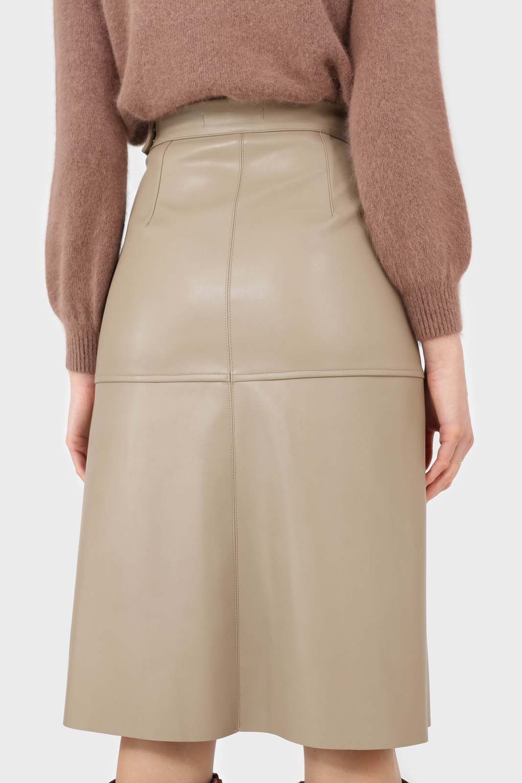 Beige vegan leather panelled midi skirt