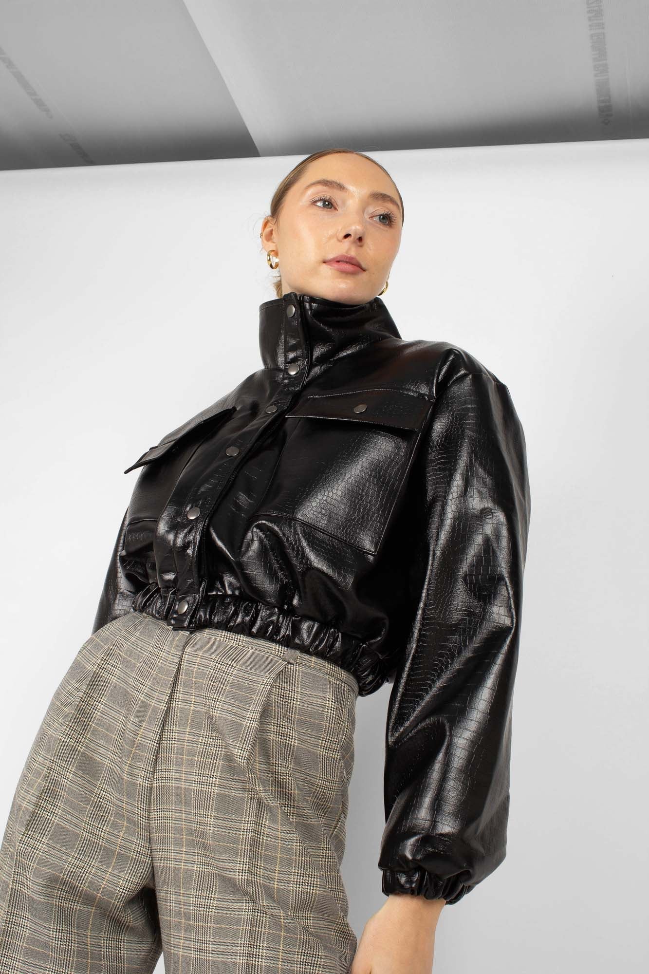 Black vegan croc crop blouson jacket