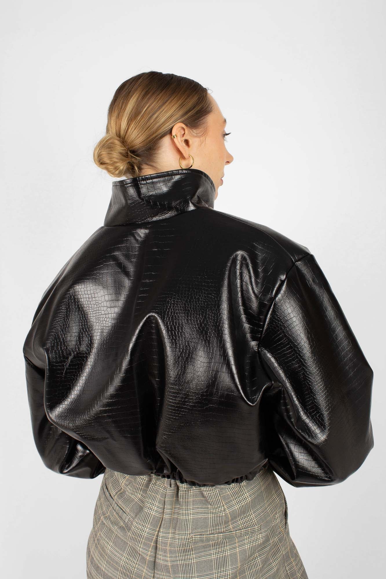 Black vegan croc crop blouson jacket