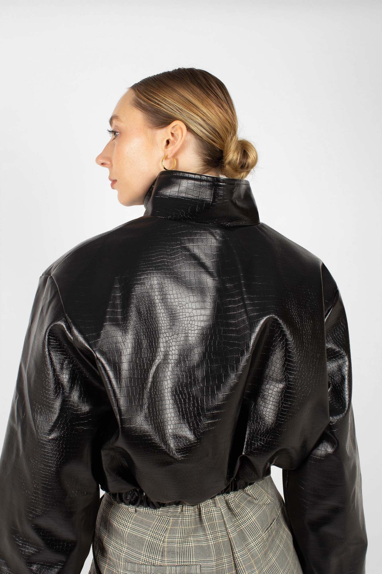 Black vegan croc crop blouson jacket