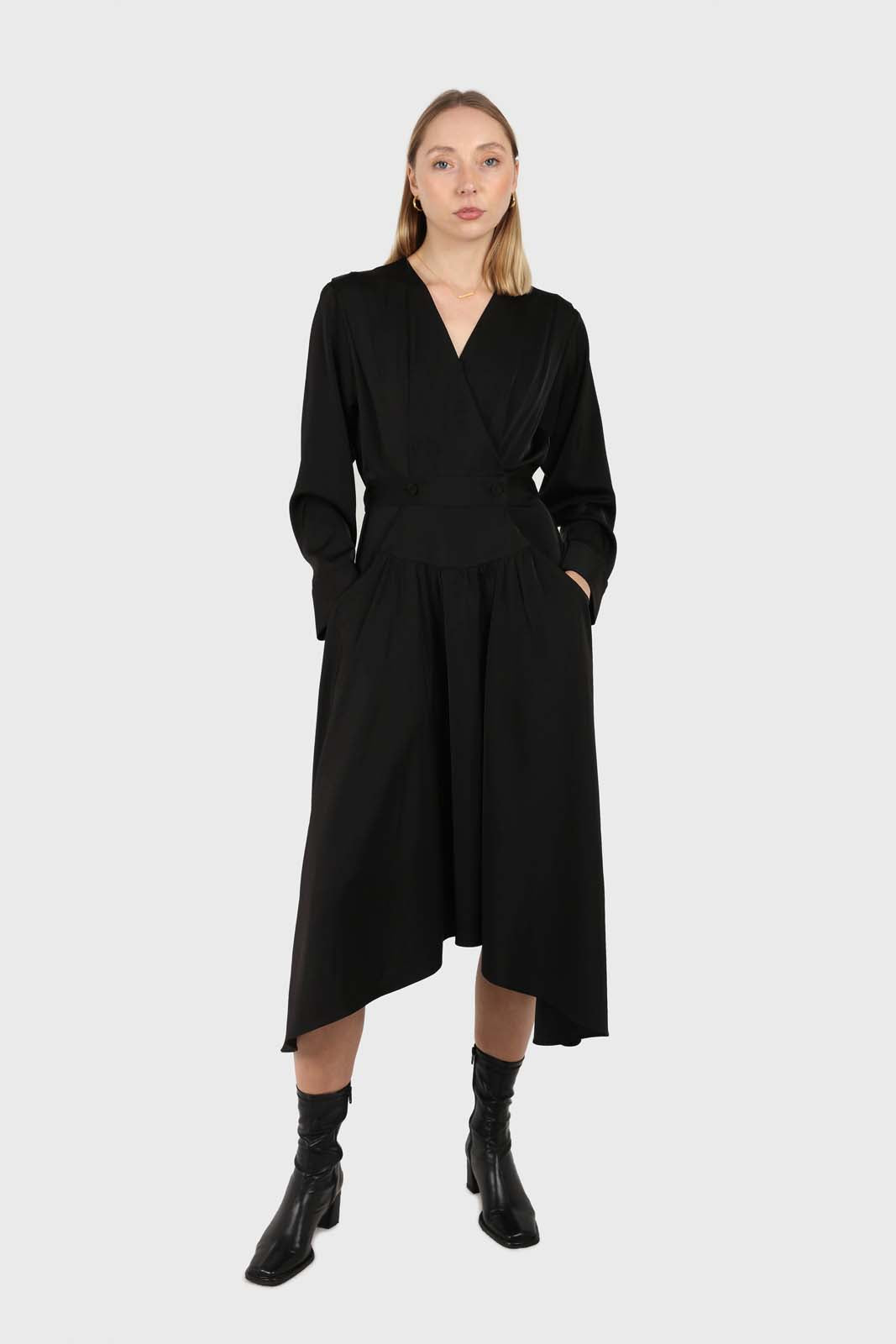 Black V-neck satin asymmetric hem midi dress