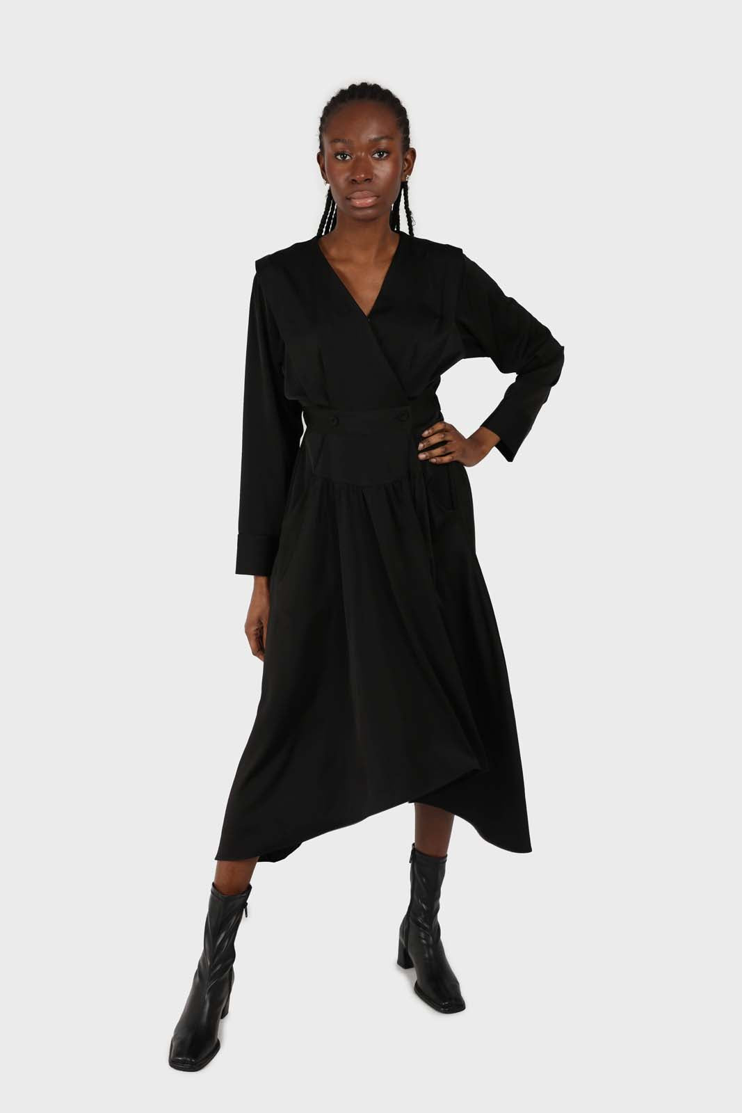 Black V-neck satin asymmetric hem midi dress
