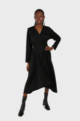 Black V-neck satin asymmetric hem midi dress