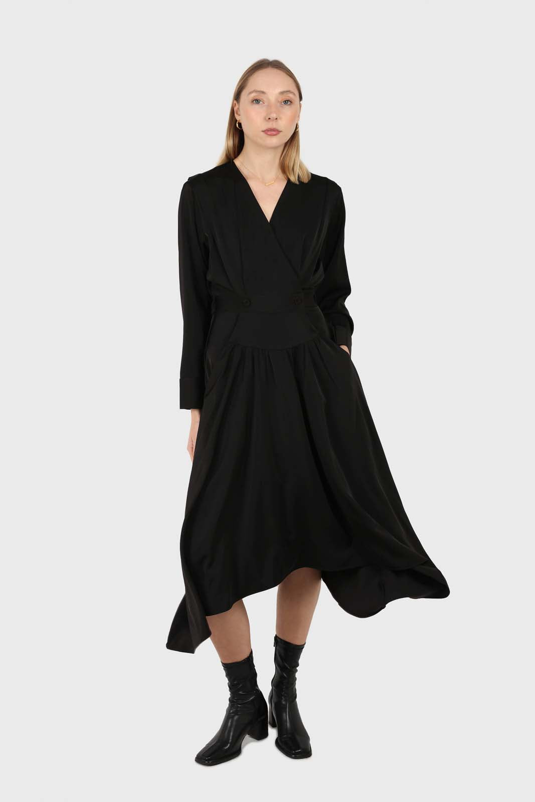 Black V-neck satin asymmetric hem midi dress