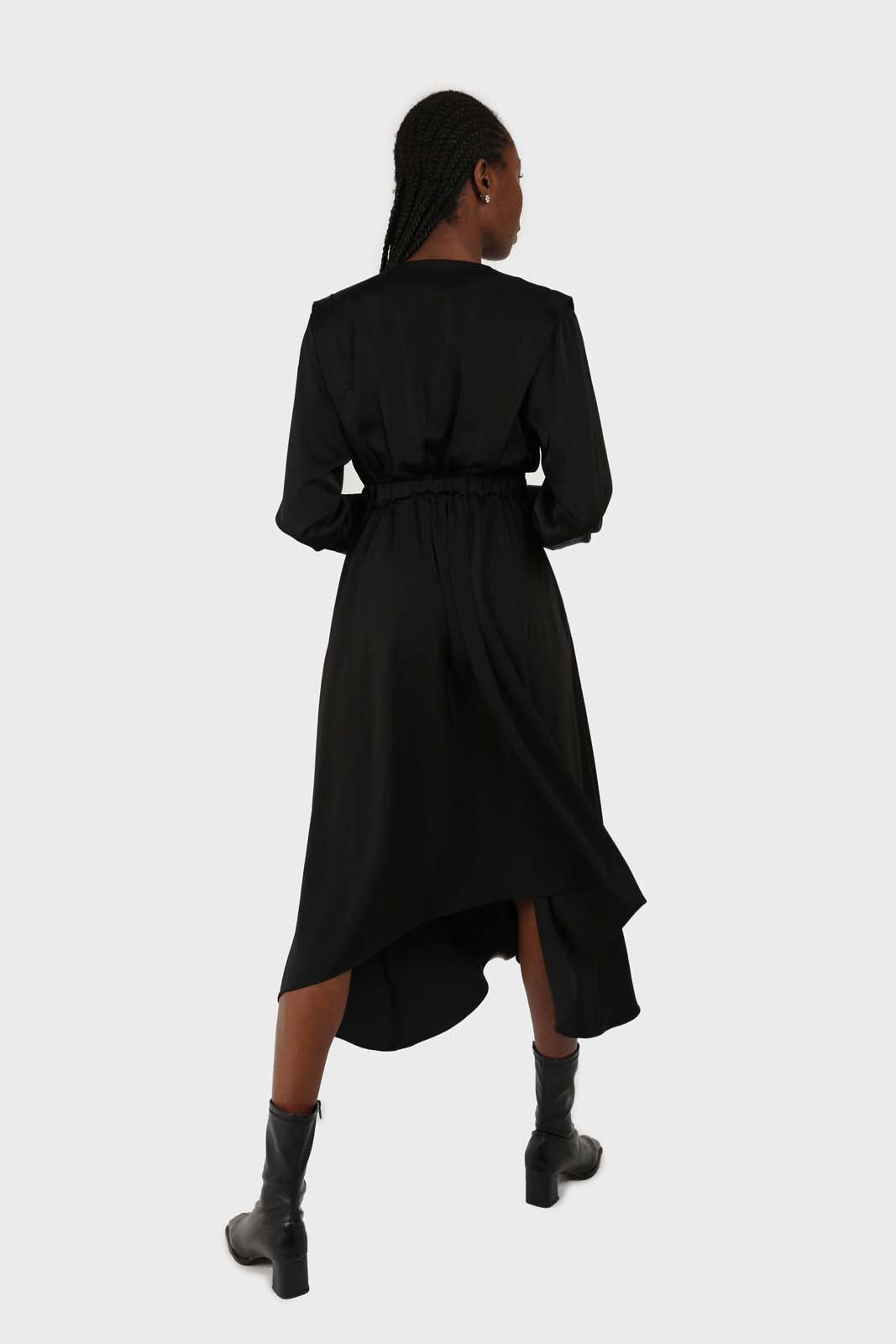 Black V-neck satin asymmetric hem midi dress