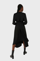 Black V-neck satin asymmetric hem midi dress