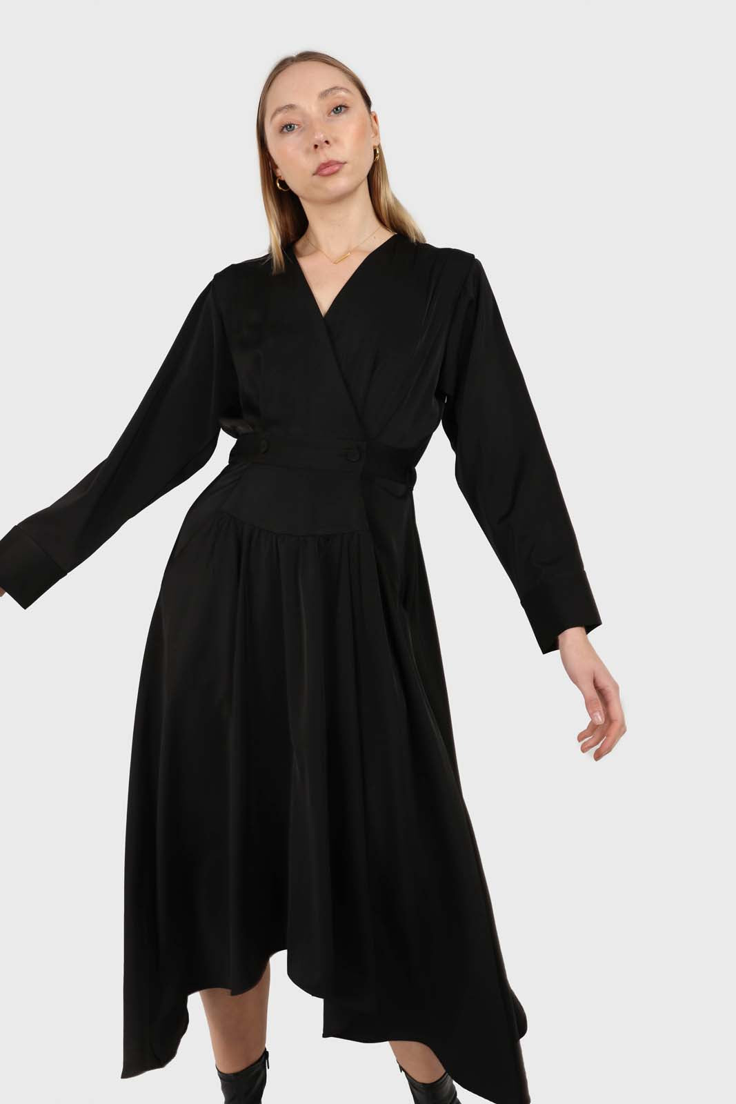 Black V-neck satin asymmetric hem midi dress