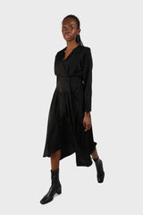 Black V-neck satin asymmetric hem midi dress