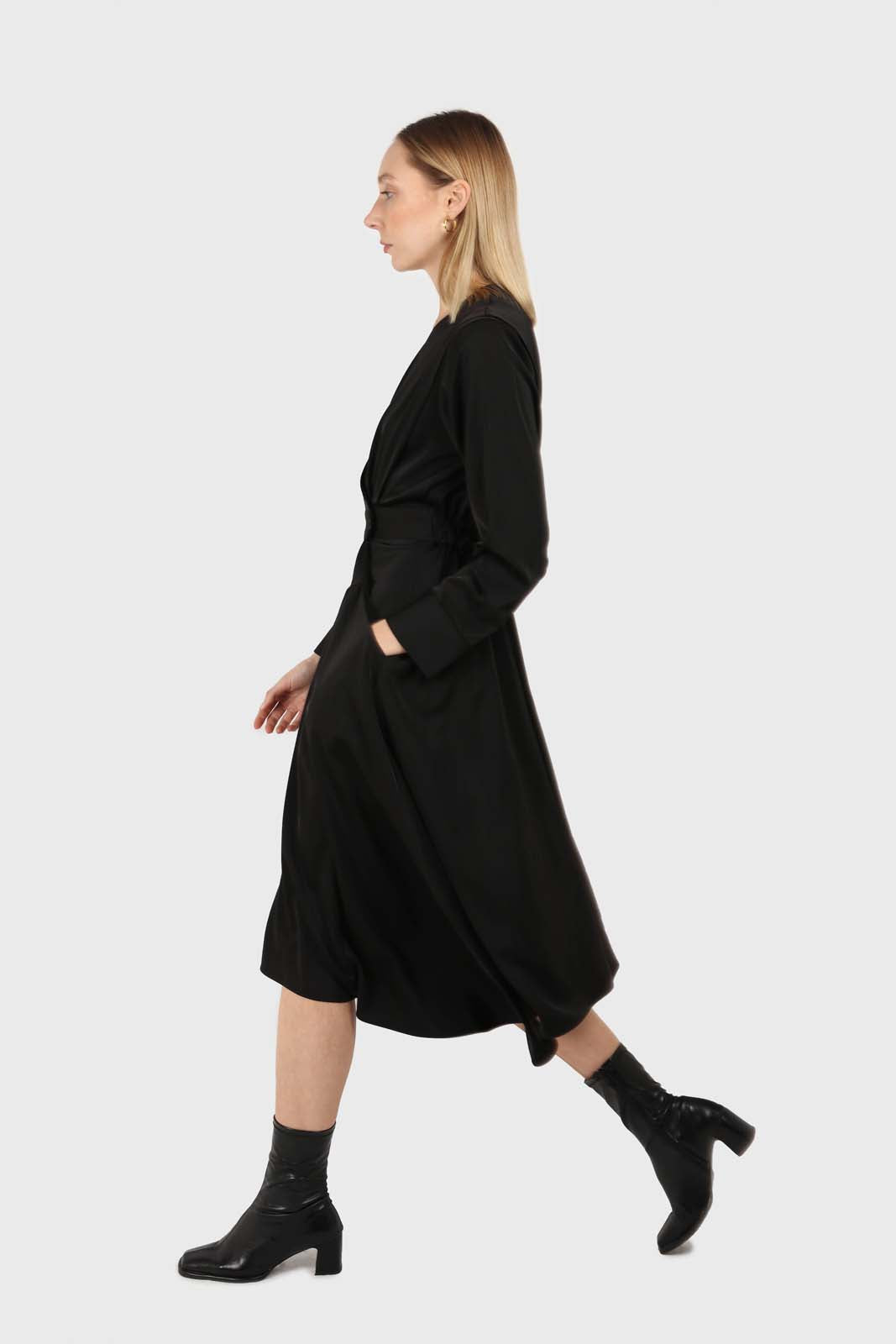 Black V-neck satin asymmetric hem midi dress