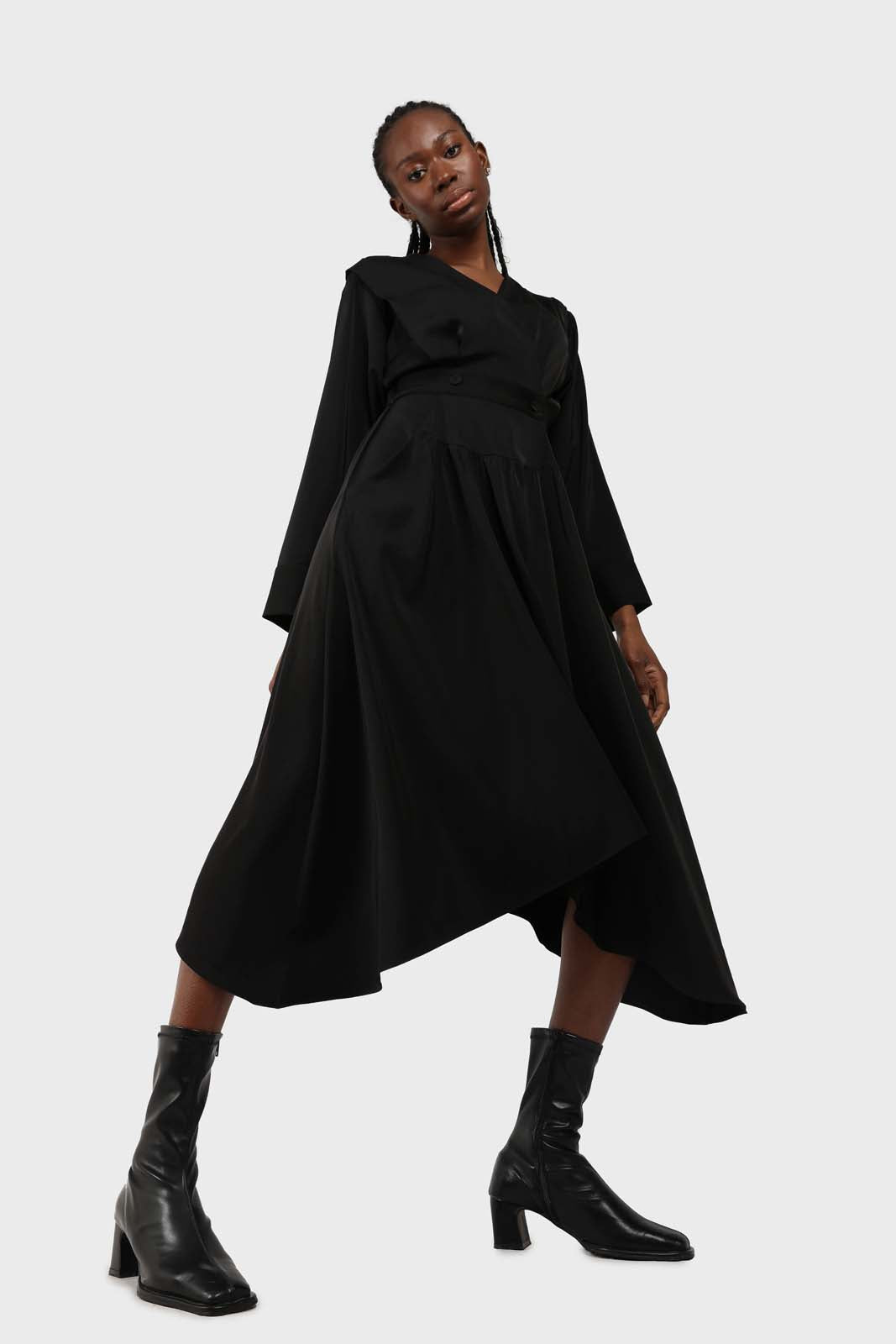 Black V-neck satin asymmetric hem midi dress